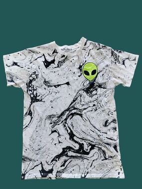 Kids' White Marble-Print Tee with Neon Green Alien Patch